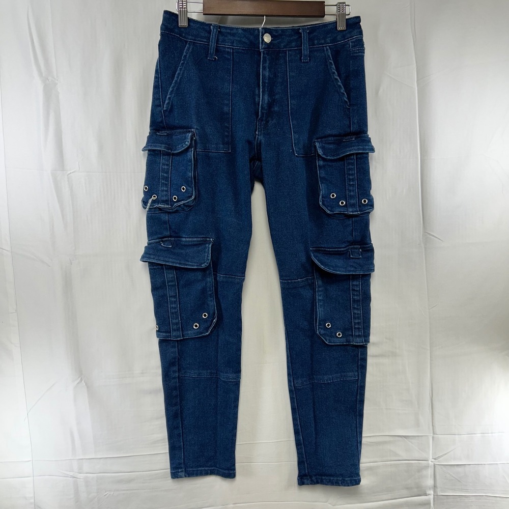 Forever 21 Cargo Jeans Women 29 Dark Wash Blue Grommet Utility Pants